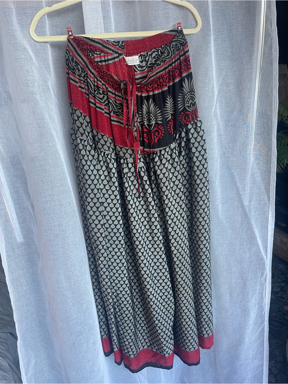 Kantha Bae Recycled Silk Boho Palazzo Pants – Red, Black & Grey Print Free Size